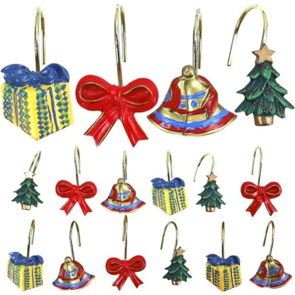 12 Pcs Rust Resistant Decorative Shower Curtain Hooks |  Hand-Painted Christmas